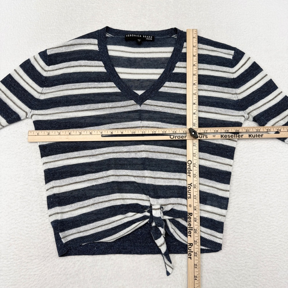 Veronica Beard Sweater Size Small Blue‎ Striped Linen Blend V Neck Thin Knit - Picture 6 of 8